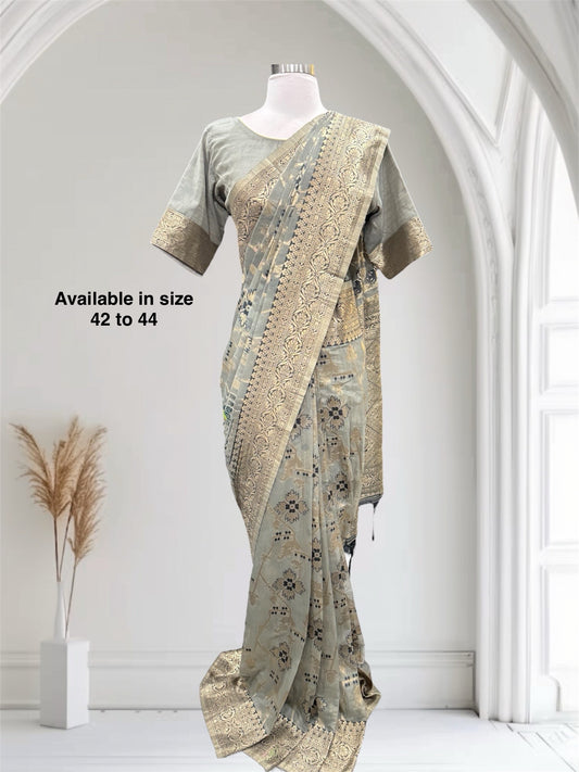 Beautiful Linen cotton saree perfect for festival, wedding wear. Available in size 42 to 44