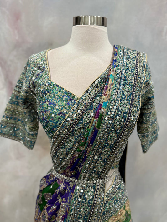 Pure Chinon Heavy Mirror Work Ajrakh Patchwork Saree with Designer Blouse (Size 40–44)