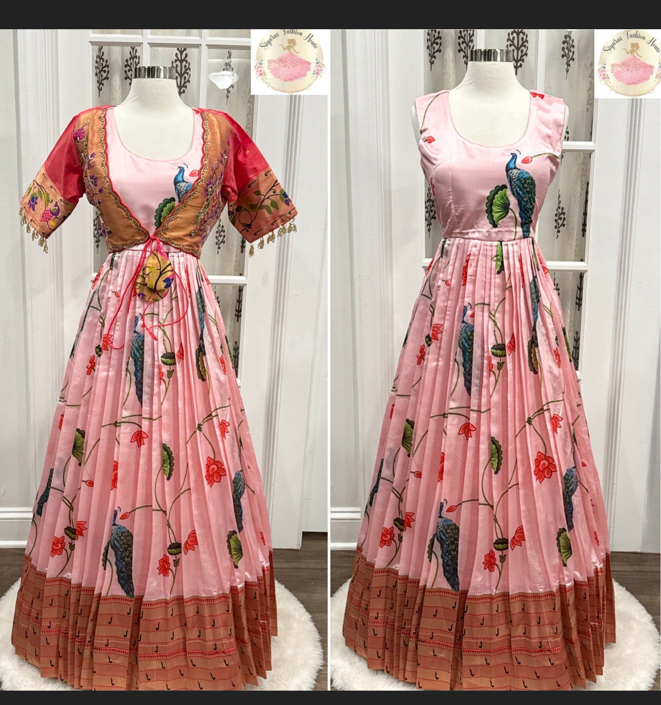 Pink Pethani Kalamkari Banarsi Dress with Pethani Peacock Motif Zari Jacket, featuring glass bead lace and hand embroidery