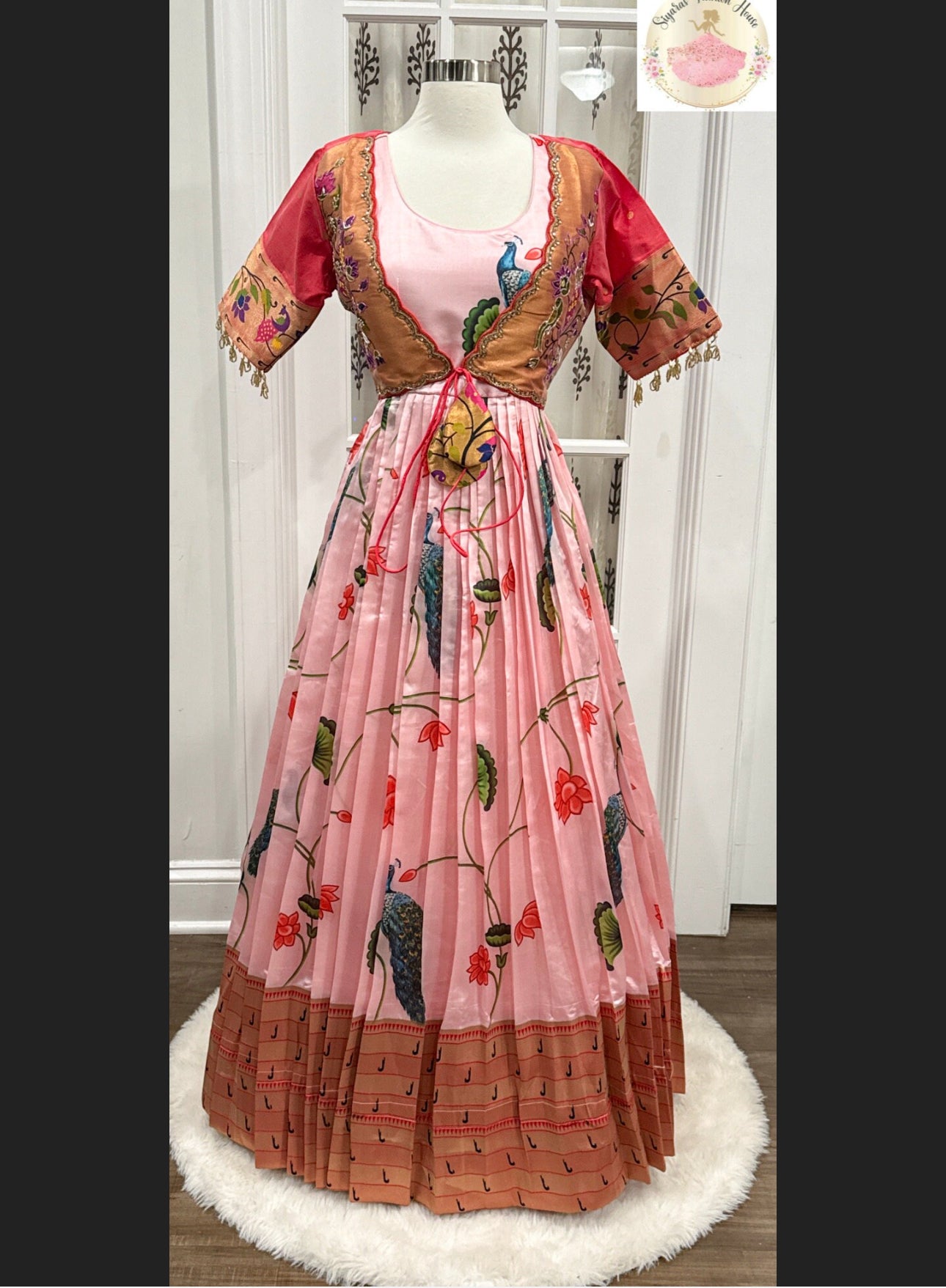 Pink Pethani Kalamkari Banarsi Dress with Pethani Peacock Motif Zari Jacket, featuring glass bead lace and hand embroidery