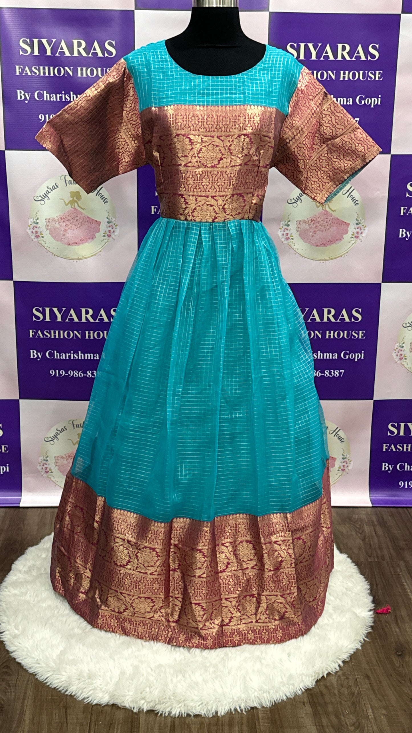Traditional organza long gown in checks pattern with embroidery yoke in elegant color combo. Size 42