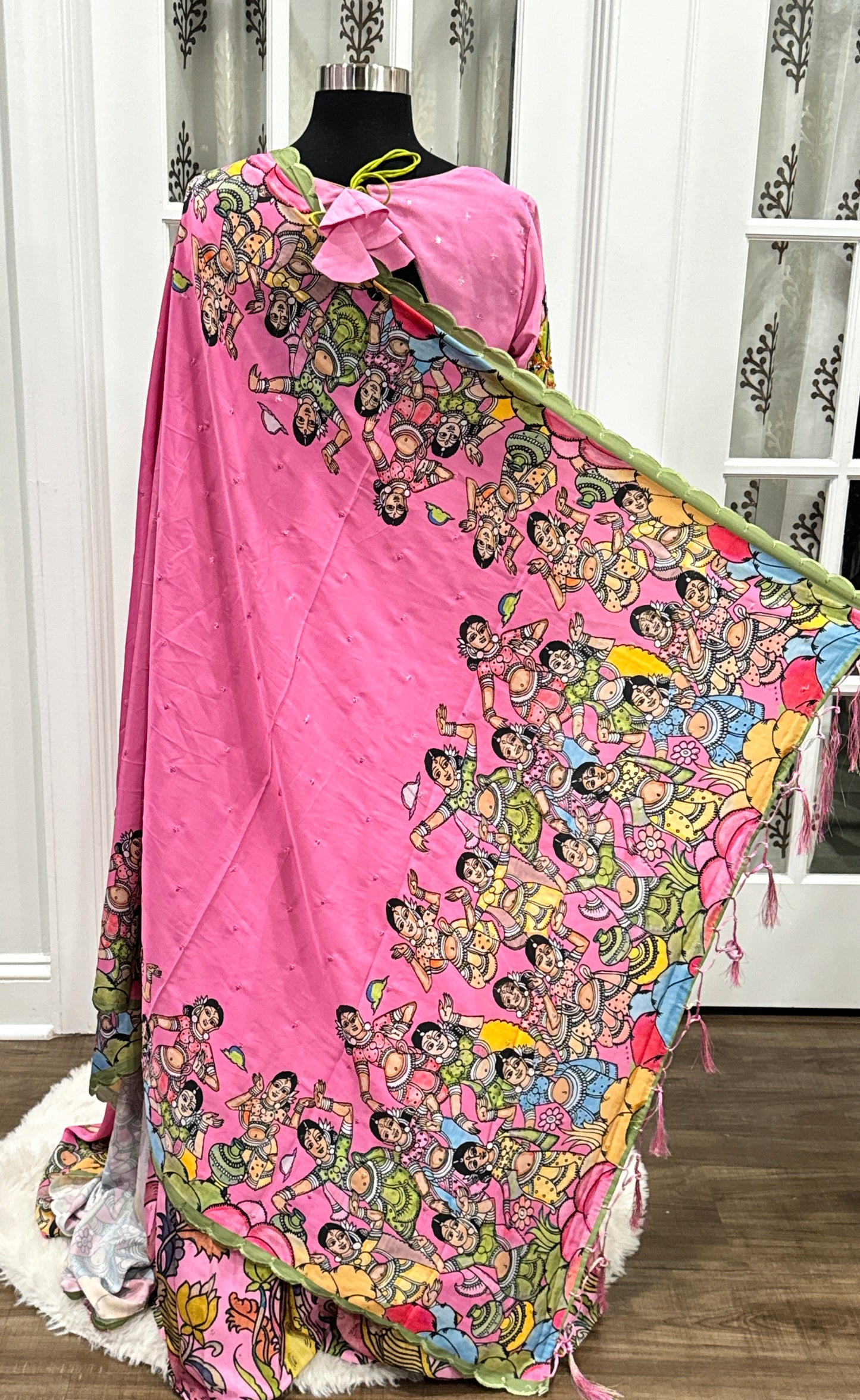 Beautiful pink Kalamkari half saree Maggam work / Aari work designer blouse full hands and Ajanta print Dupatta. size fits 38-42 PartyWear function dress