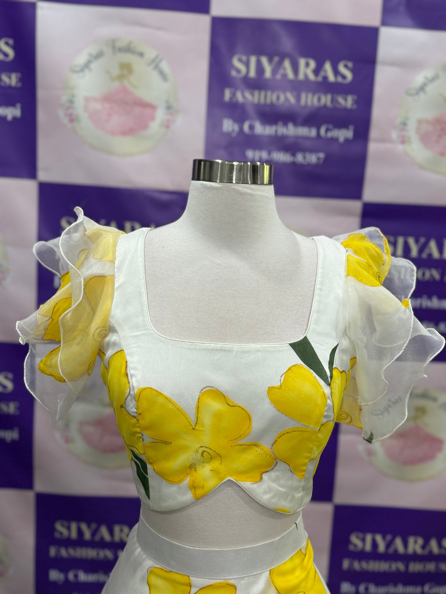 Hand-Painted Floral Organza Haldi Crop Top Lehenga | Ruffle Sleeve | Sizes 38-42| ready to ship | Haldi function| wedding | Sangeet