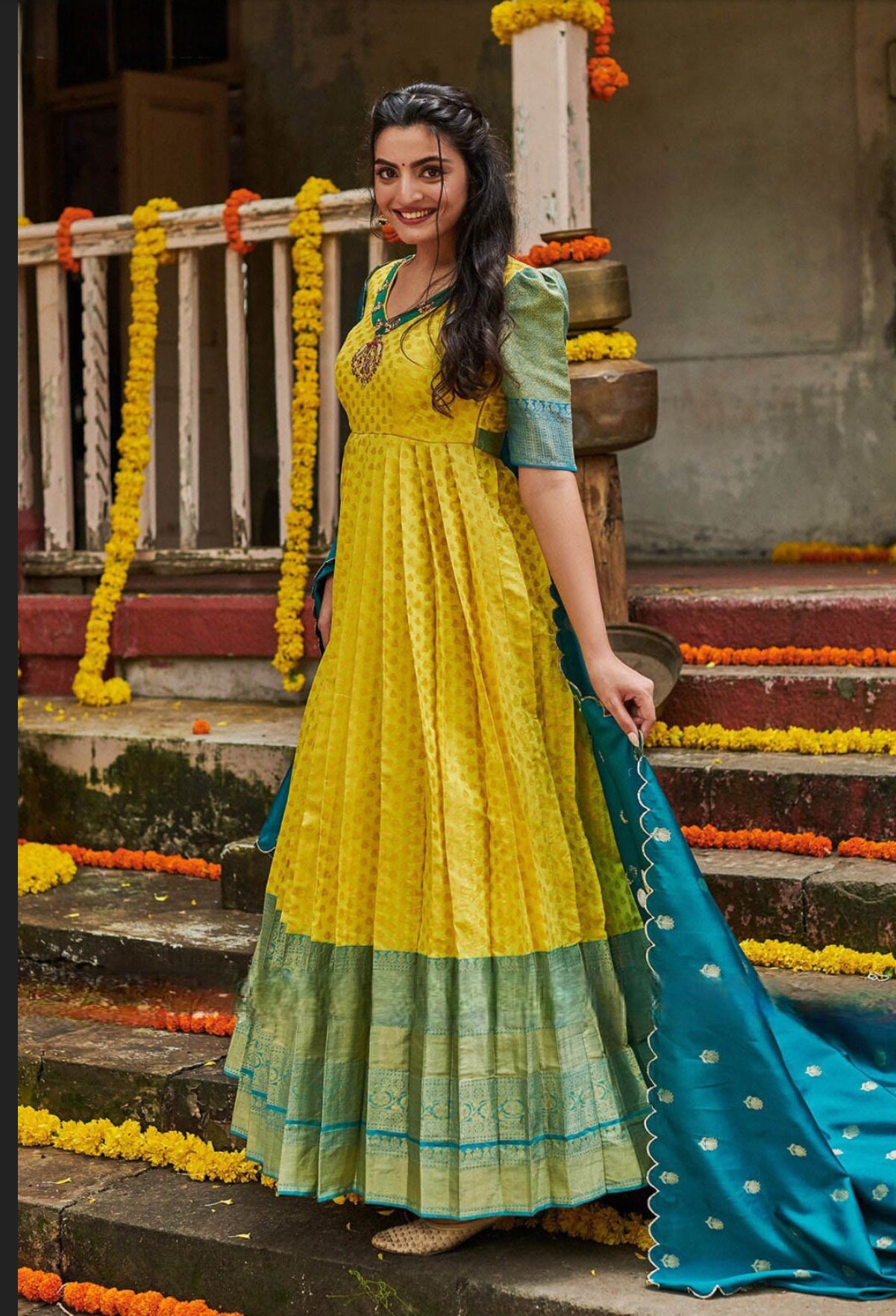 Lemon Yellow Banarasi Anarkali Dress with full in elegant color combo of yellow and teal blue Partywear srese