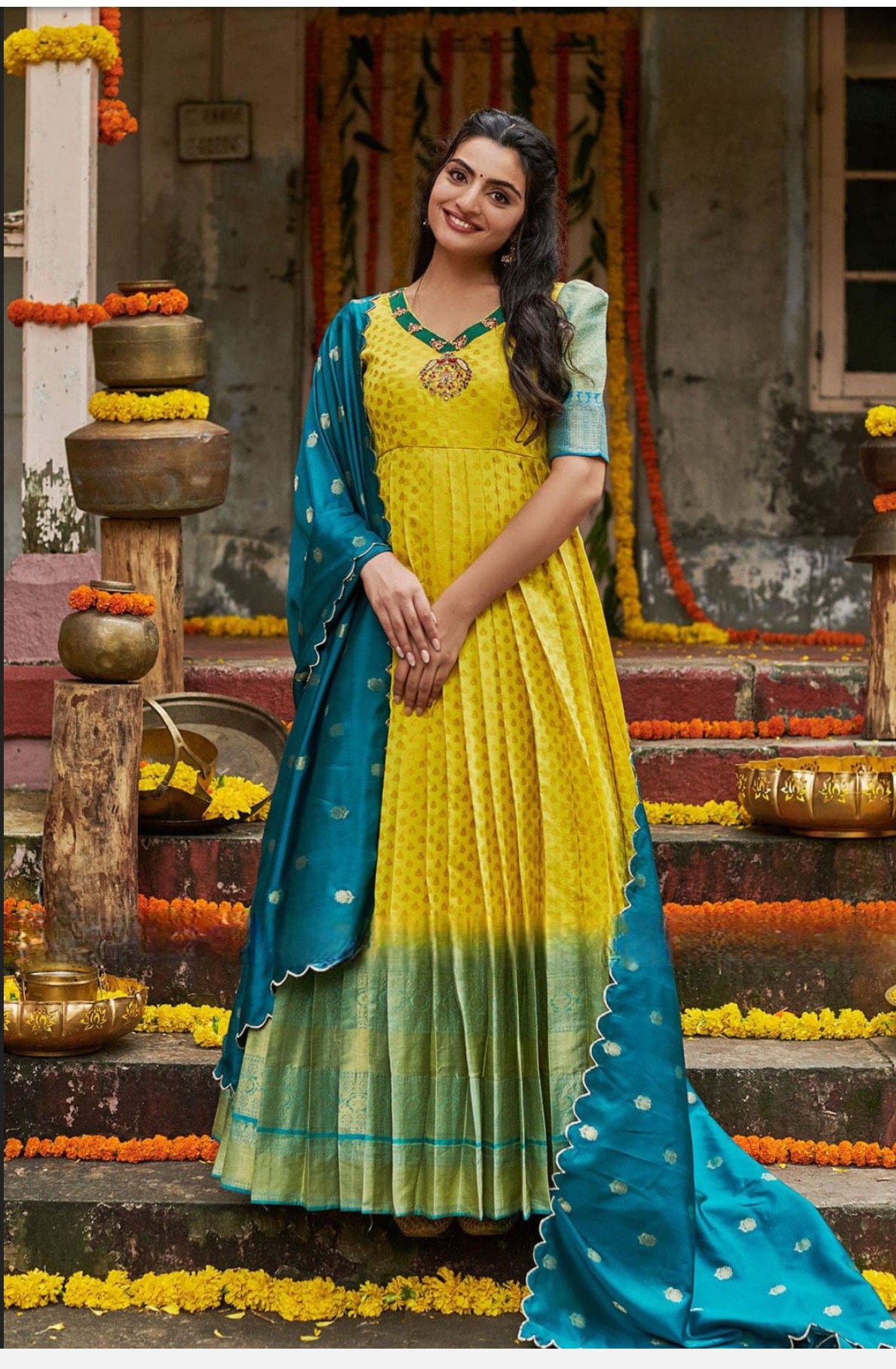 Lemon Yellow Banarasi Anarkali Dress with full in elegant color combo of Yellow and teal blue Partywear srese 40 Lemon Yellow Banarasi Anarkali Dress with full in elegant color combo of Yellow and teal blue Partywear srese 40
