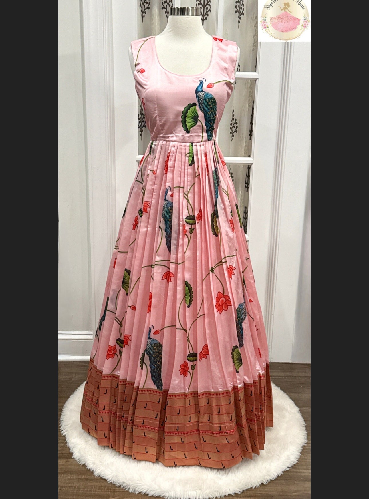 Pink Pethani Kalamkari Banarsi Dress with Pethani Peacock Motif Zari Jacket, featuring glass bead lace and hand embroidery