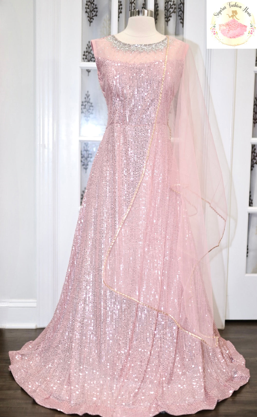 Premium pink sequence long party Gown With All Over work on neck and Dupatta included size 40