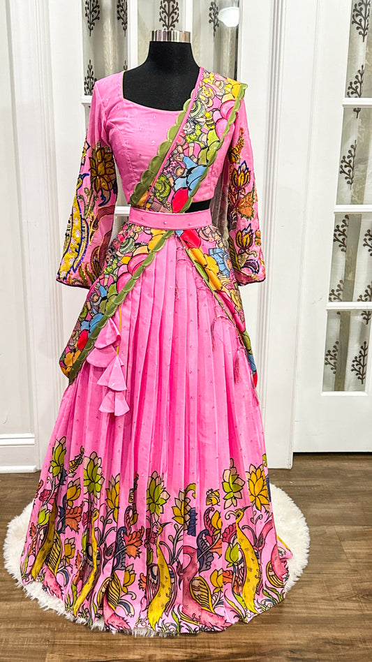 Beautiful pink Kalamkari half saree Maggam work / Aari work designer blouse full hands and Ajanta print Dupatta. size fits 38-42 PartyWear function dress