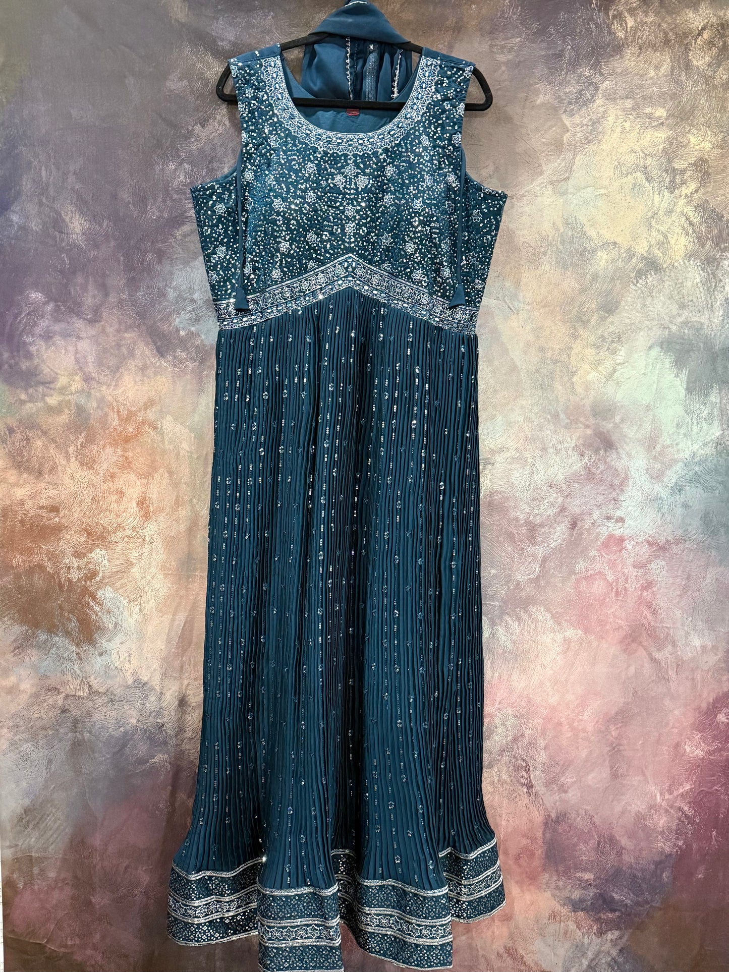 Beautiful deep blue  Anarkali Partywear long gown set 2 pc set handwork and mirror work in soft Georgette flowy  size 44 length 59