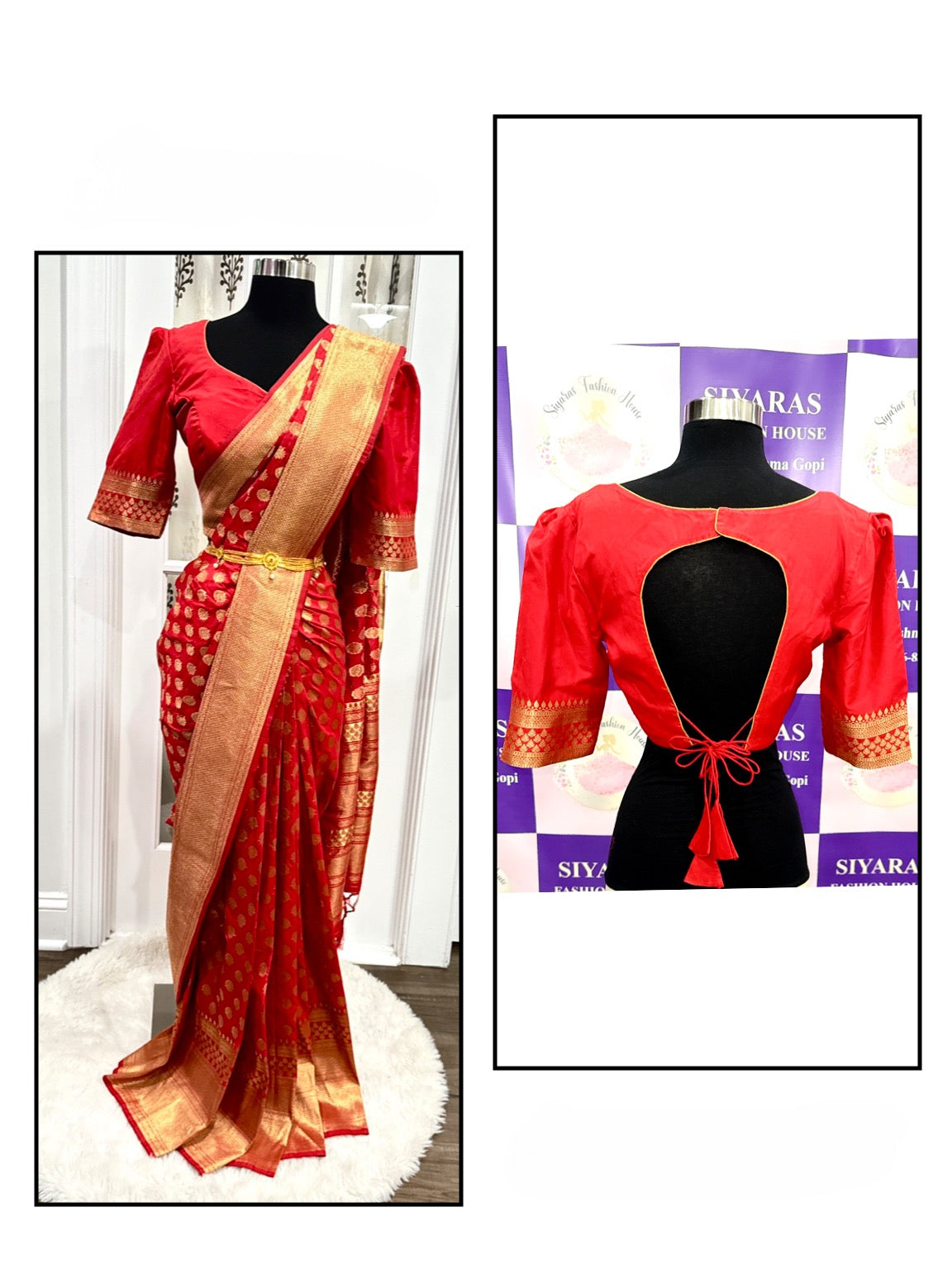 Fiery Red silk saree with elaborate zari work and comes with stitched Designer Blouse
