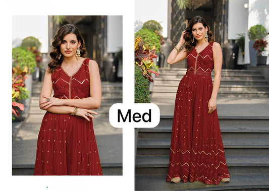 Gorgeous Jumpsuit chic attire Red Chinon and Georgette with thread and sequin embroidery on front an back Ready to ship in USA