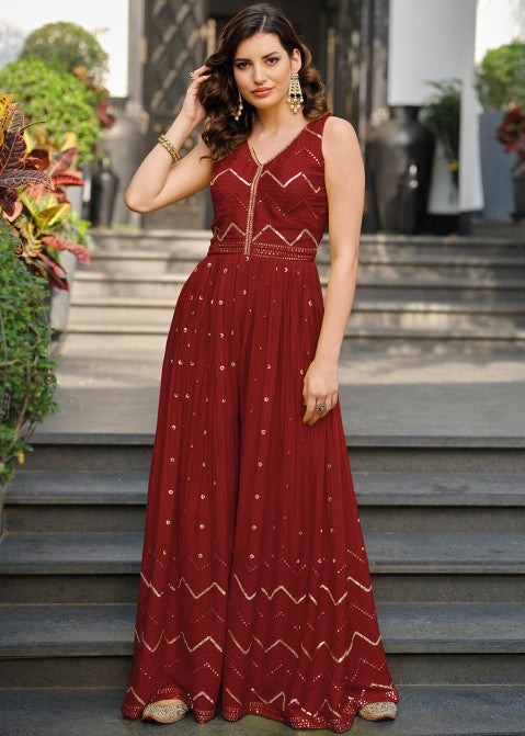 Gorgeous Jumpsuit chic attire Red Chinon and Georgette with thread and sequin embroidery on front an back Ready to ship in USA