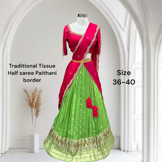 Beautiful Tissue Half saree / langa voni with designer maggam work stitched blouse (v cut on hands) size 36 to 40 ready to ship USA