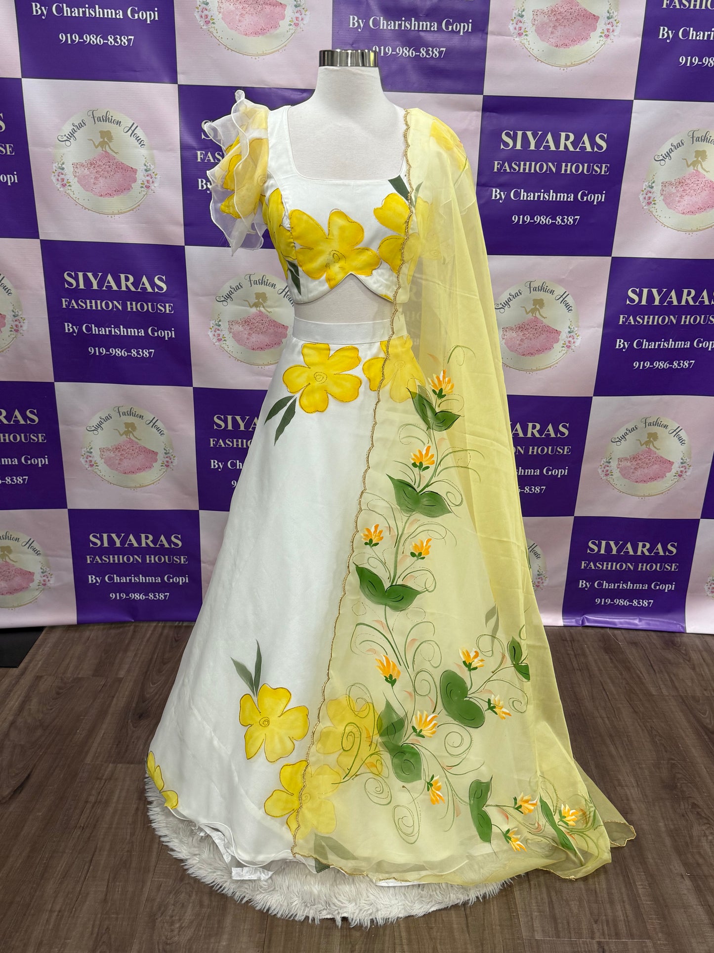 Hand-Painted Floral Organza Haldi Crop Top Lehenga | Ruffle Sleeve | Sizes 38-42| ready to ship | Haldi function| wedding | Sangeet