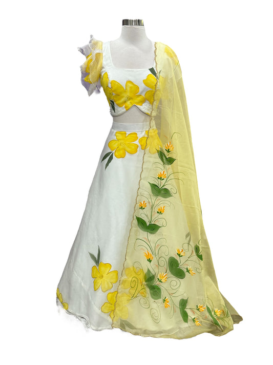 Hand-Painted Floral Organza Haldi Crop Top Lehenga | Ruffle Sleeve | Sizes 38-42| ready to ship | Haldi function| wedding | Sangeet