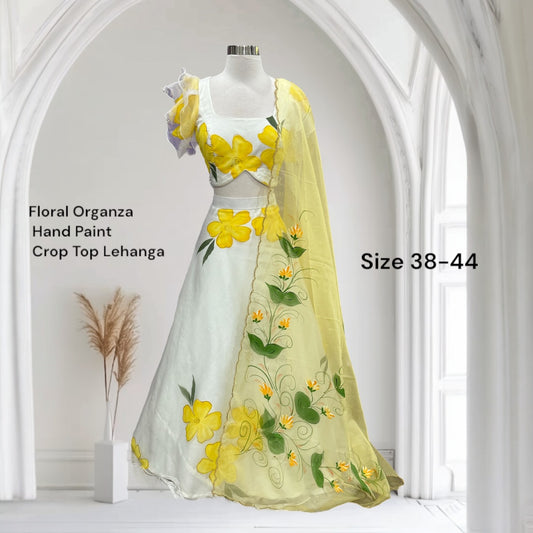 Hand-Painted Floral Organza Haldi Crop Top Lehenga | Ruffle Sleeve | Sizes 38-42| ready to ship | Haldi function| wedding | Sangeet