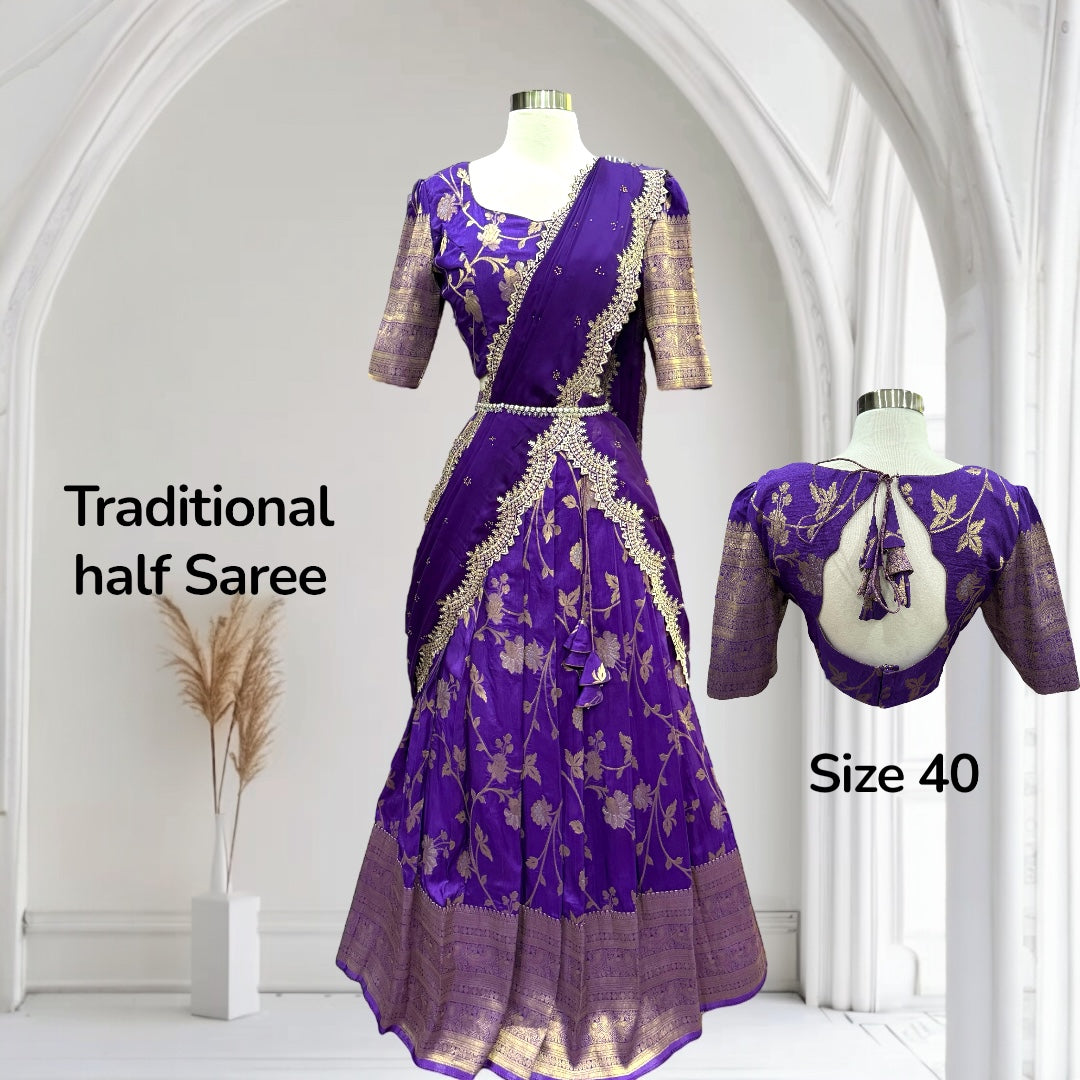 Traditional Purple Half Saree with Golden Zari Work | Elegant Ethnic Wear | Wedding & Festive Outfit | Size 40