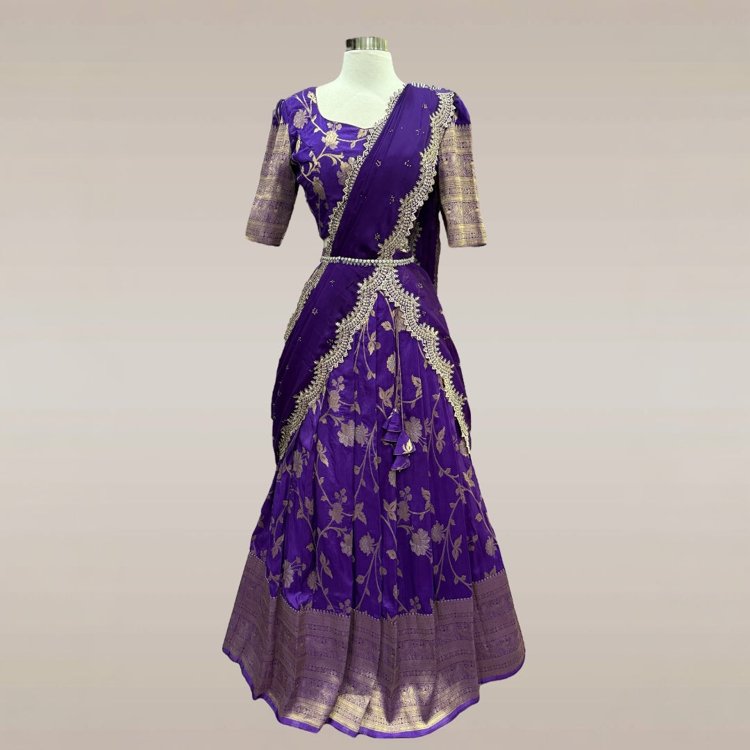 Traditional Purple Half Saree with Golden Zari Work | Elegant Ethnic Wear | Wedding & Festive Outfit | Size 40
