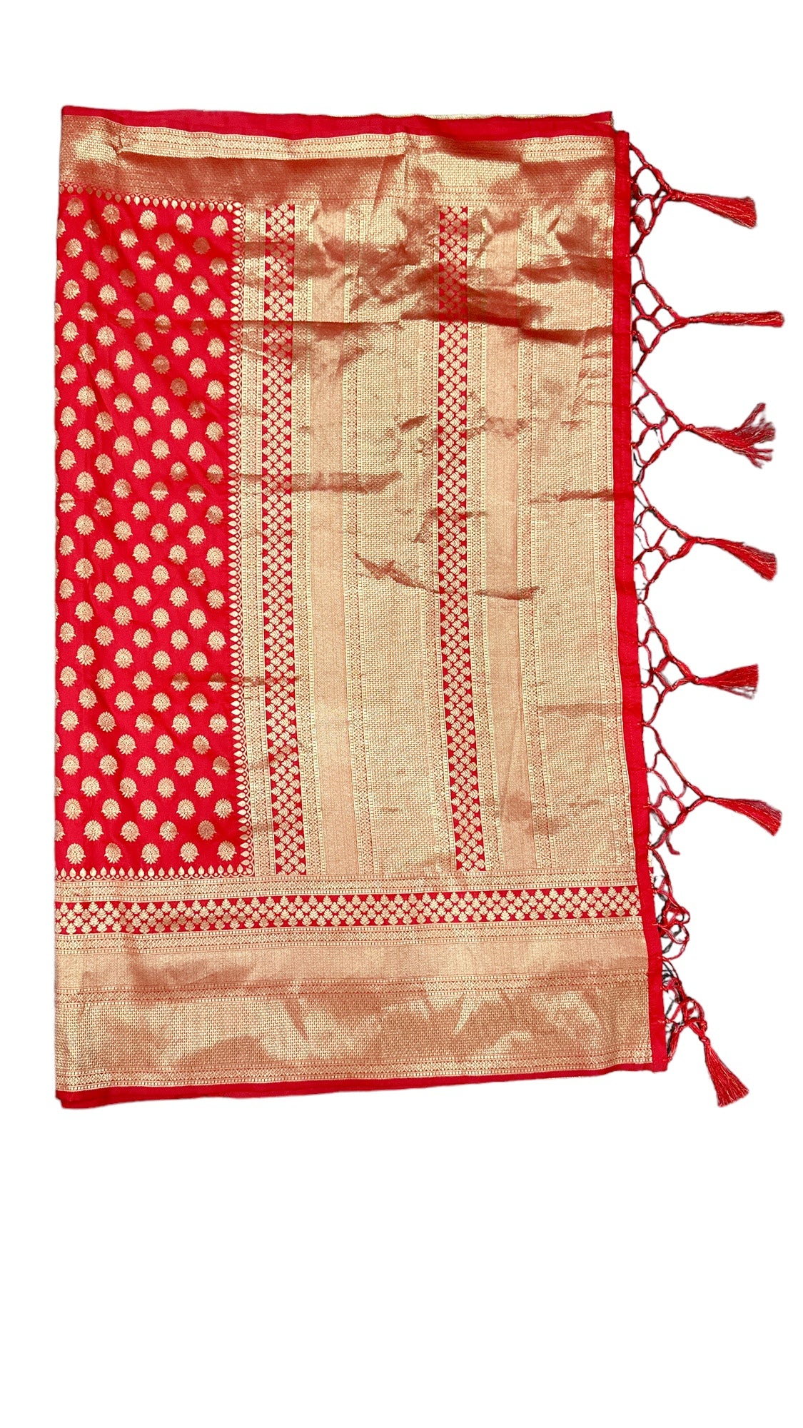 Fiery Red silk saree with elaborate zari work and comes with stitched Designer Blouse