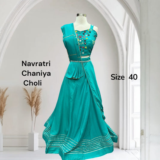 Navratri Chaniya choli with mirror work blouse in teal blue color size 40
