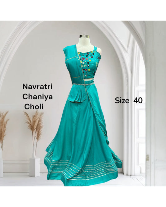 Navratri Chaniya choli with mirror work blouse in teal blue color size 40