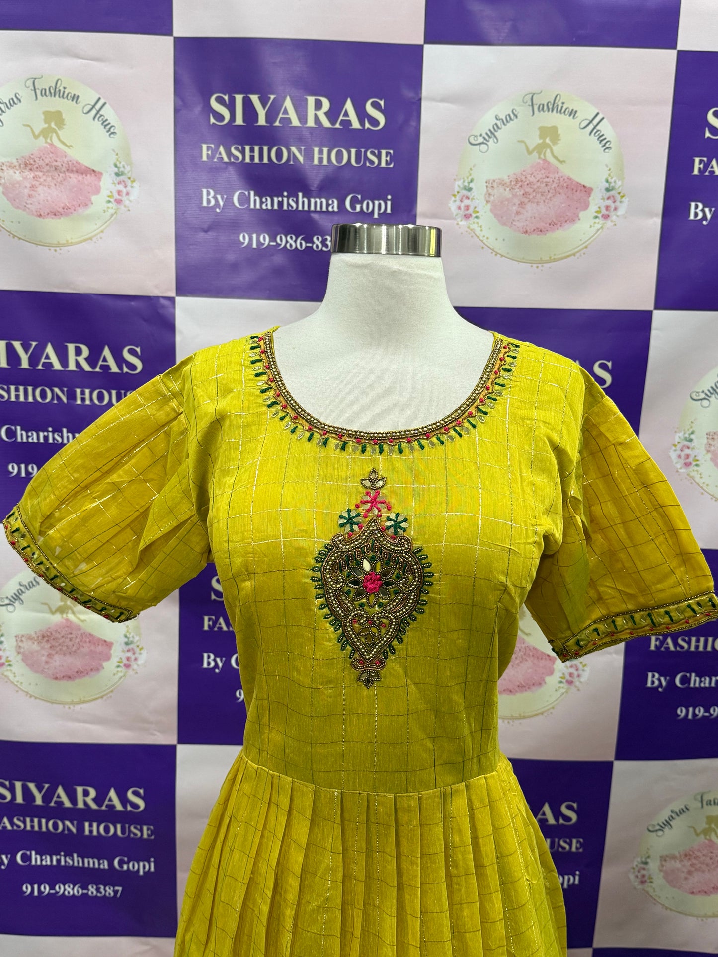 Elegant Festive Cotton Checks off white Long gown hand work in yoke, with dupatta and pant , Partywear Ready to ship USA XXL size 44