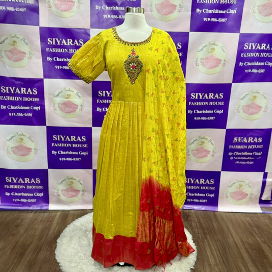 Elegant Festive Cotton Checks off white Long gown hand work in yoke, with dupatta and pant , Partywear Ready to ship USA XXL size 44