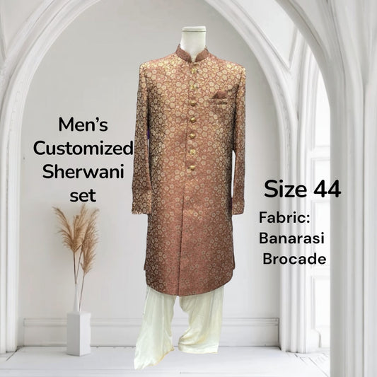 Elegant Men’s Sherwani customized outfit size 44 in banrasi brocade fabric for wedding, Reception , Sangeet Partywear dress