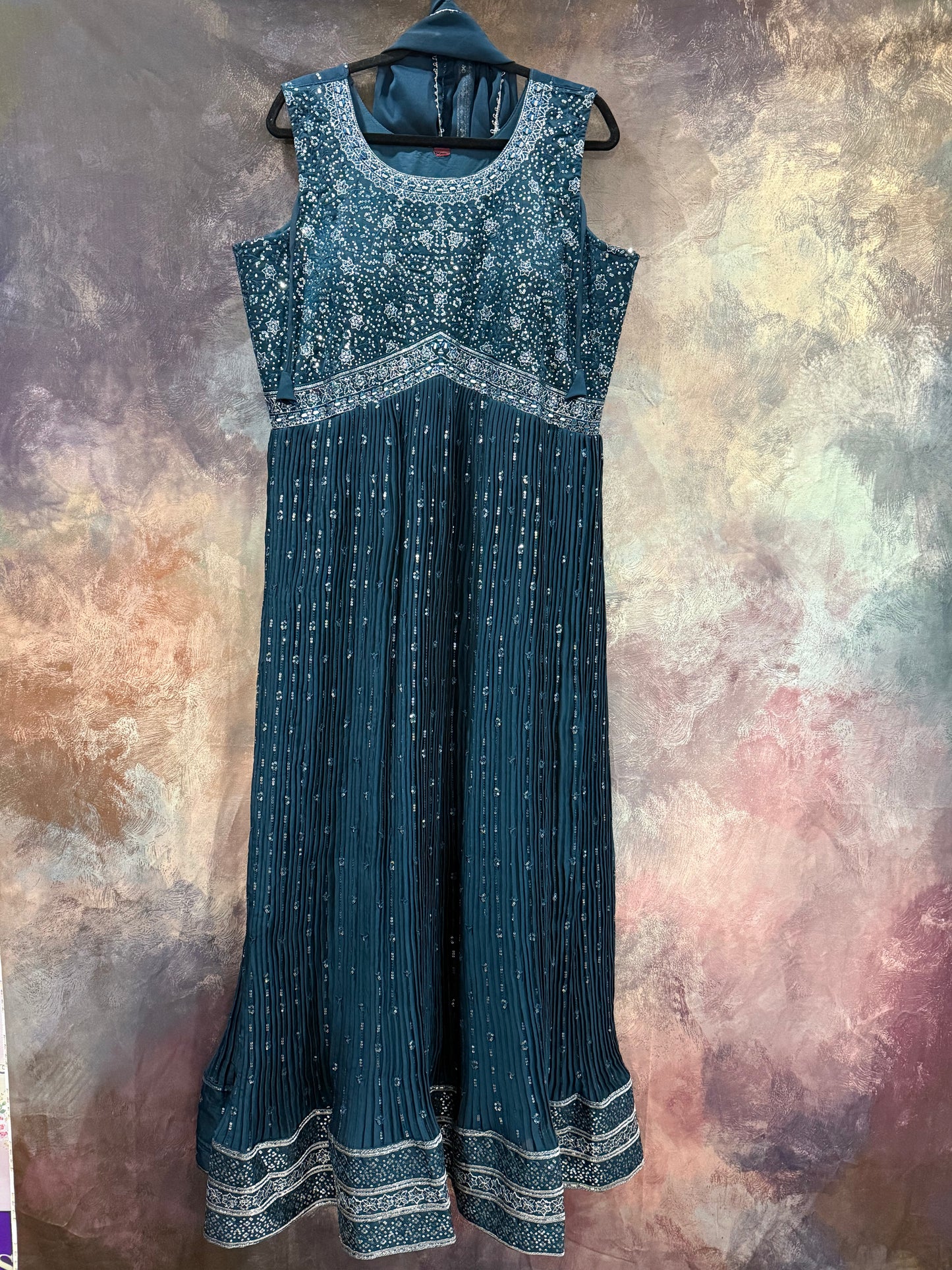 Beautiful deep blue  Anarkali Partywear long gown set 2 pc set handwork and mirror work in soft Georgette flowy  size 44 length 59
