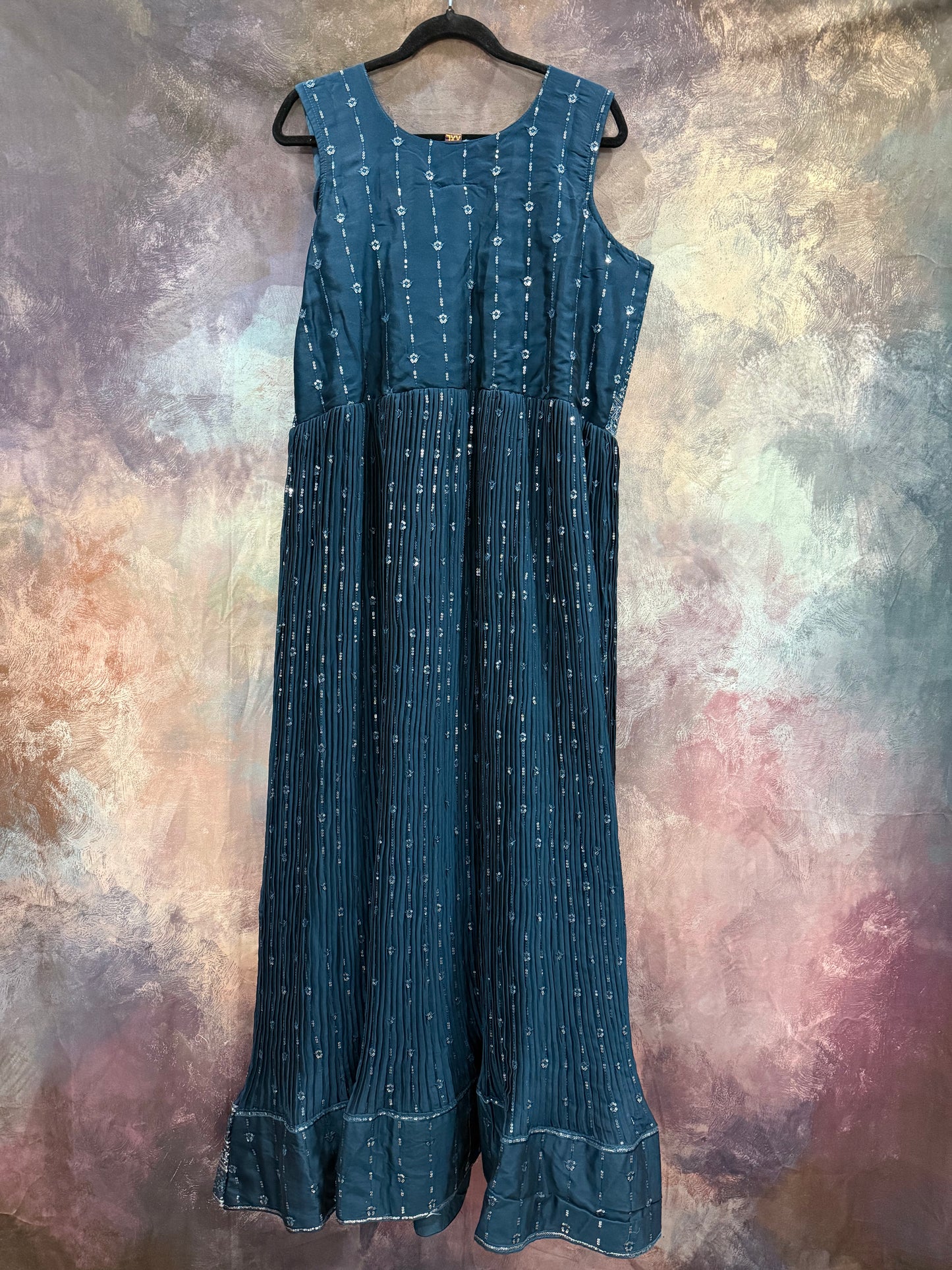 Beautiful deep blue  Anarkali Partywear long gown set 2 pc set handwork and mirror work in soft Georgette flowy  size 44 length 59