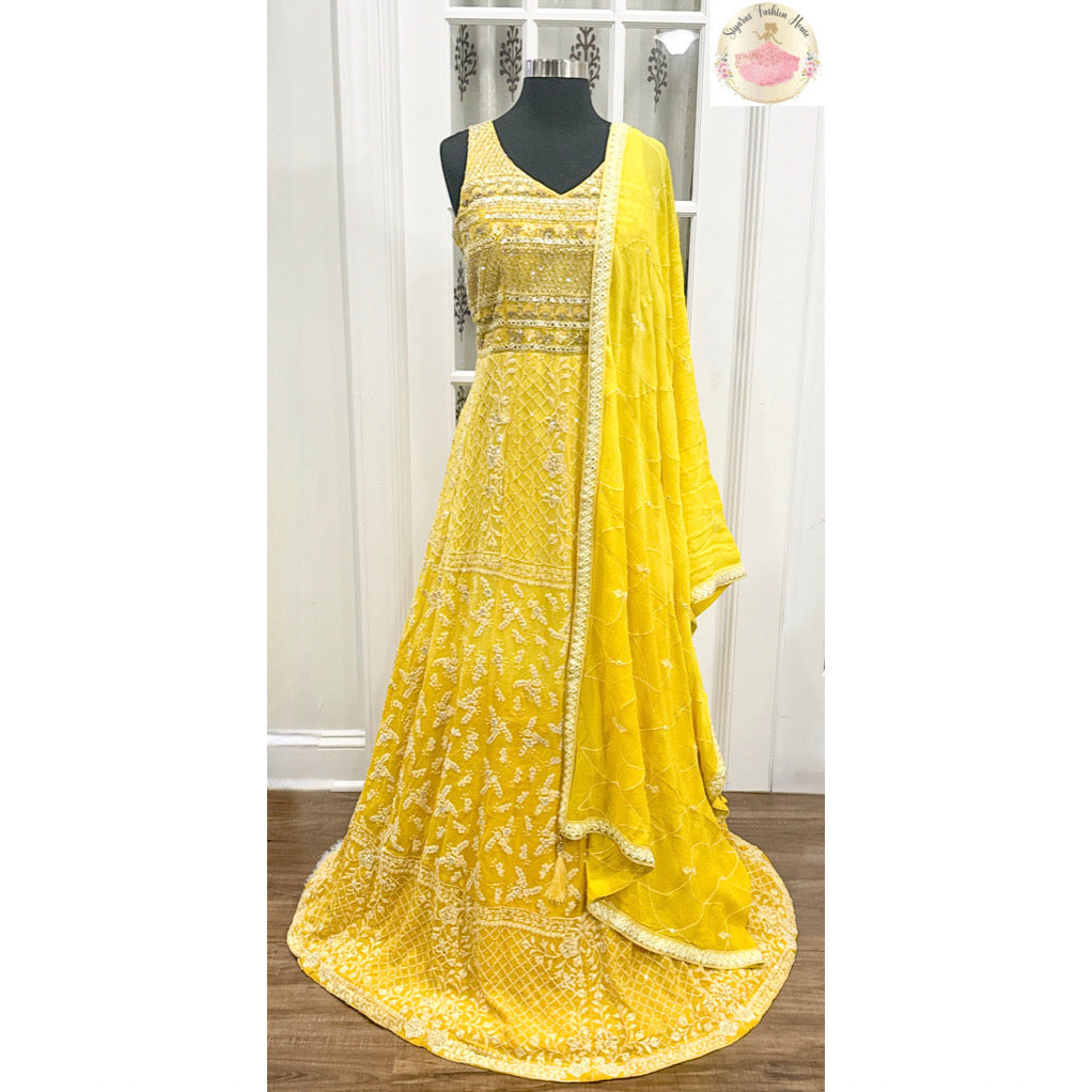 Dazzling PartyWear Gown V neck embroidered and work yoke Georgette Long Gown