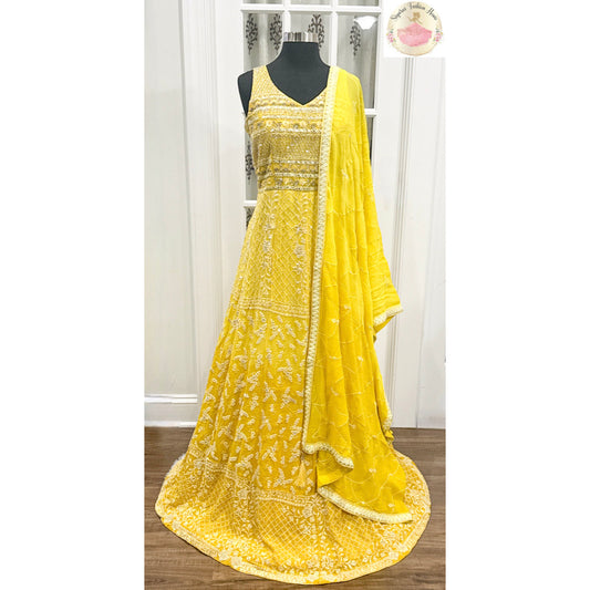 Dazzling PartyWear Gown V neck embroidered and work yoke Georgette Long Gown