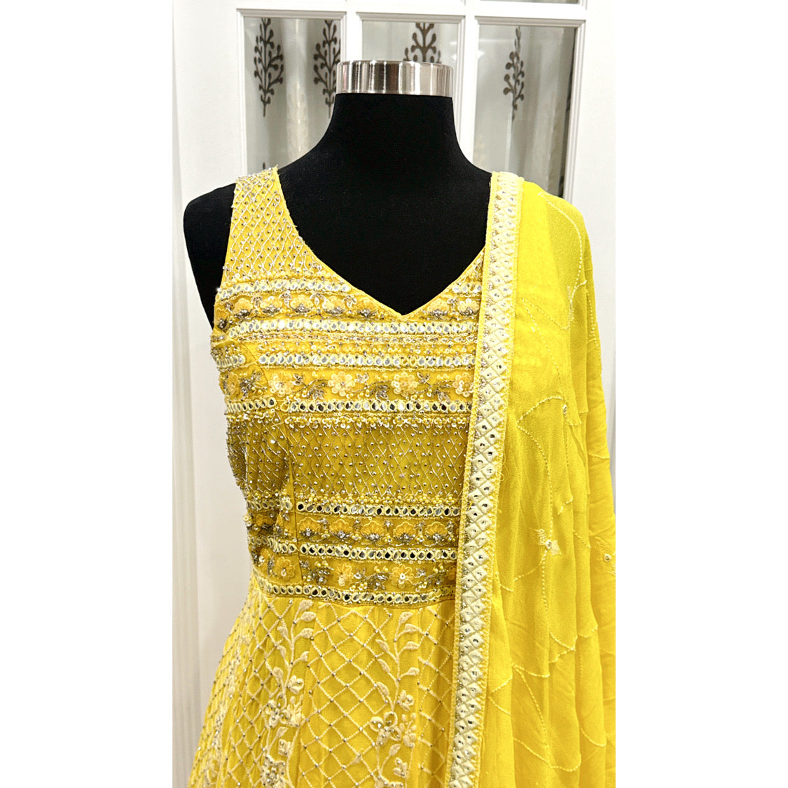 Dazzling PartyWear Gown V neck embroidered and work yoke Georgette Long Gown