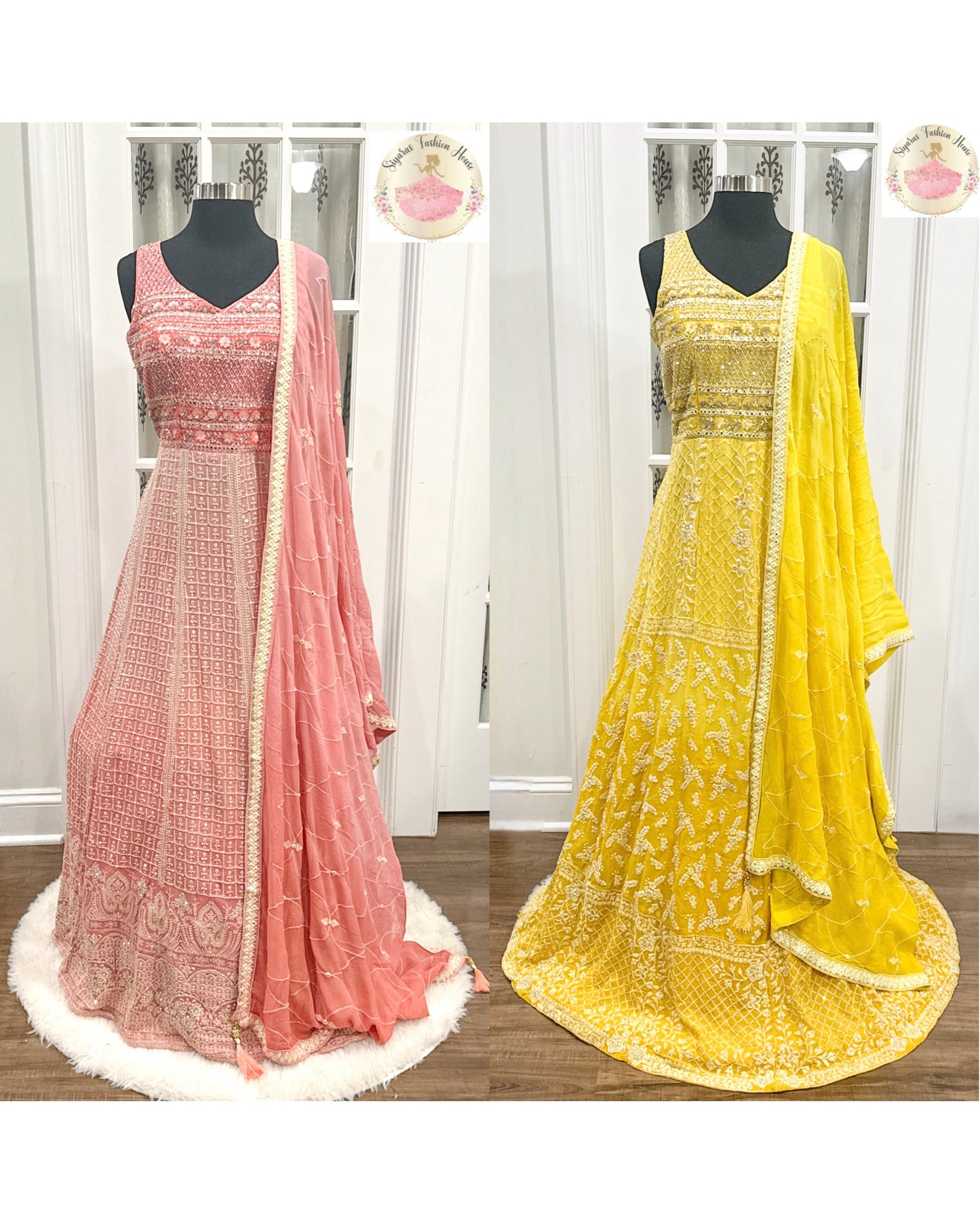 Dazzling PartyWear Gown V neck embroidered and work yoke Georgette Long Gown