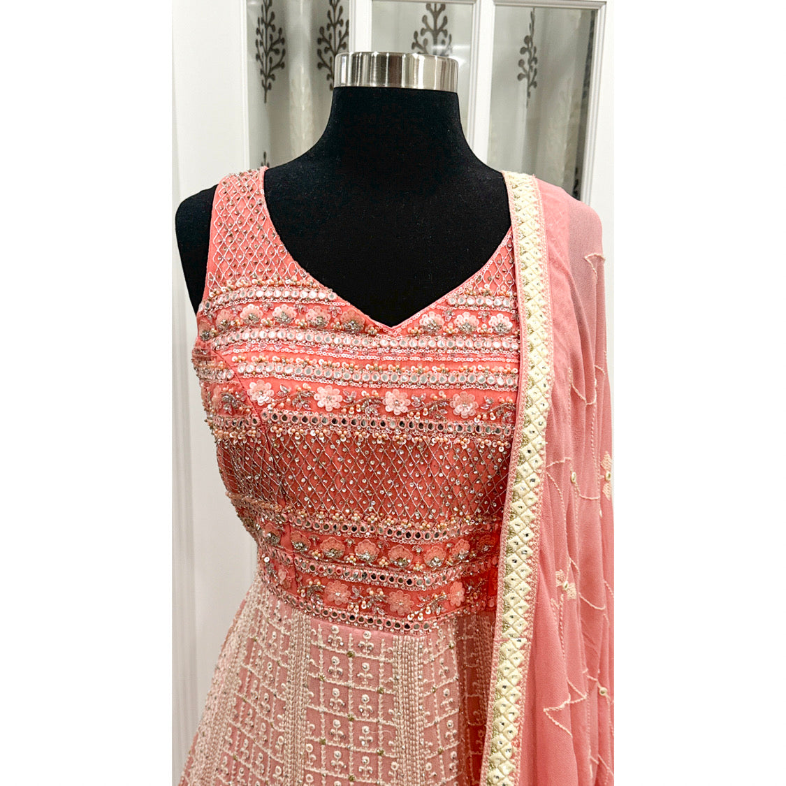 Dazzling PartyWear Gown V neck embroidered and work yoke Georgette Long Gown