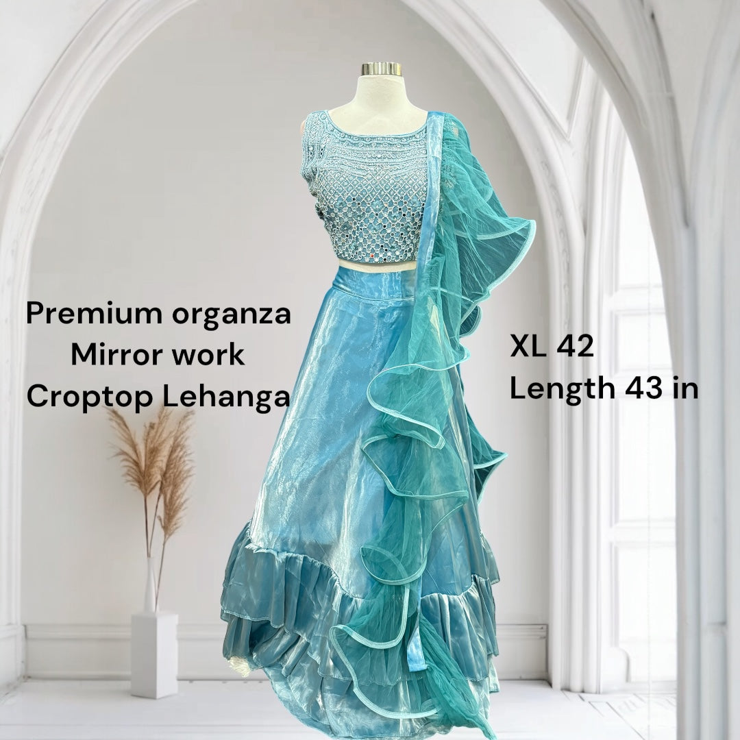 Sky Blue Organza Ruffle Lehenga Set | Mirror Work Crop Top | Size XL 42 | Ready to Wear Indian Outfit | Partywear