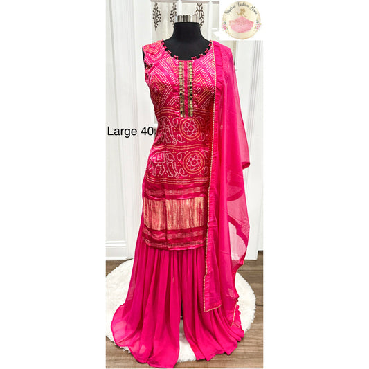 Chic Fuschia pink Sharara set in Pure Gajji silk Fabric with mirror work.