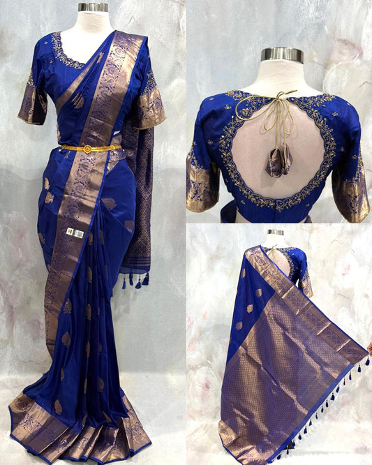 Drape yourself in timeless beauty with this stunning Royal Blue Kanjivaram Pattu Saree. Available size 40 to 45. We can alter size as needed.