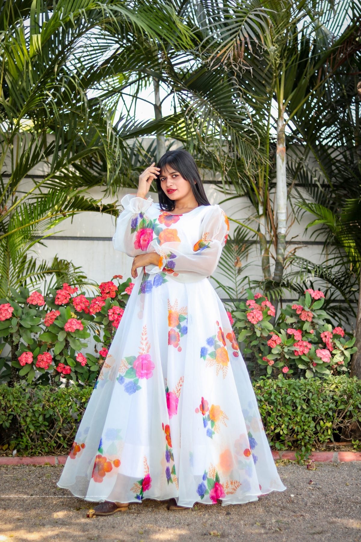 Elegant Organza Gown: Length 54 Inches, Size Small (36) Weightless Glamour Partywear Long gown with floral design Ready to ship