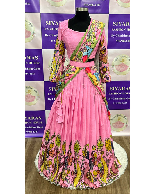 Beautiful pink Kalamkari half saree Maggam work / Aari work designer blouse full hands and Ajanta print Dupatta. size fits 38-42 PartyWear function dress