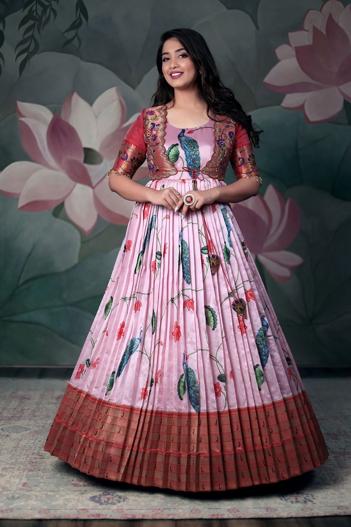 Pink Pethani Kalamkari Banarsi Dress with Pethani Peacock Motif Zari Jacket, featuring glass bead lace and hand embroidery