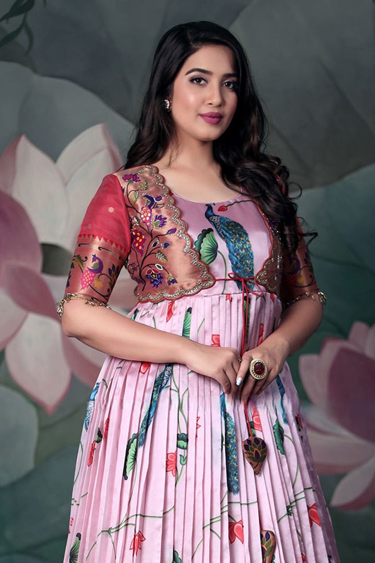 Pink Pethani Kalamkari Banarsi Dress with Pethani Peacock Motif Zari Jacket, featuring glass bead lace and hand embroidery
