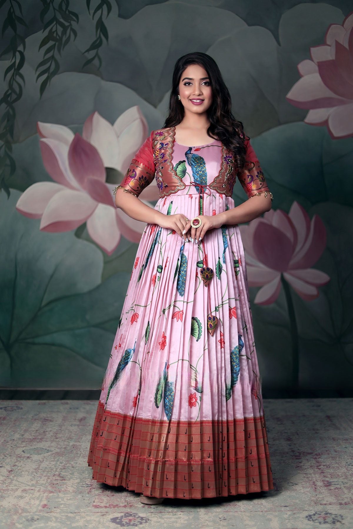 Pink Pethani Kalamkari Banarsi Dress with Pethani Peacock Motif Zari Jacket, featuring glass bead lace and hand embroidery