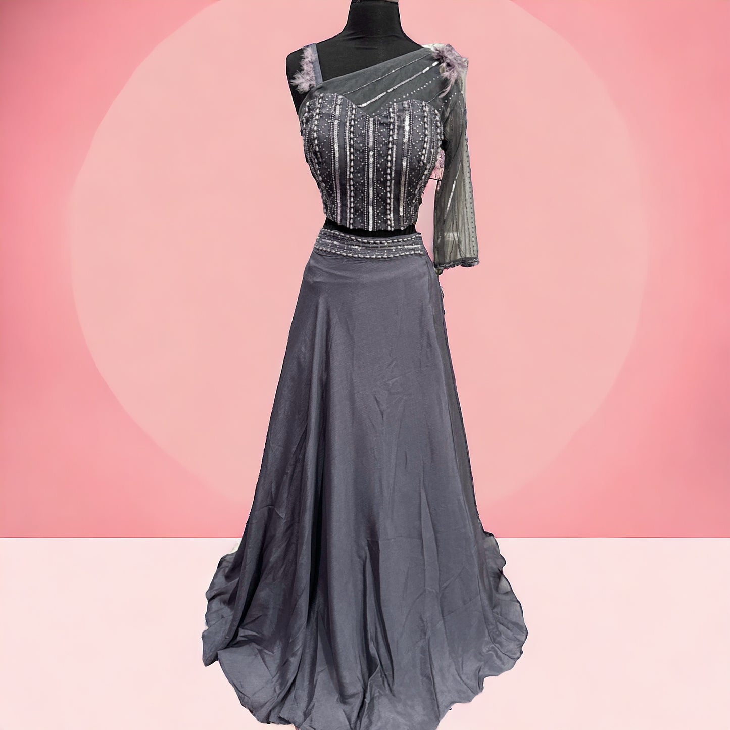 Chic Trendy side shoulder Work Croptop with flair Lehanga size 40