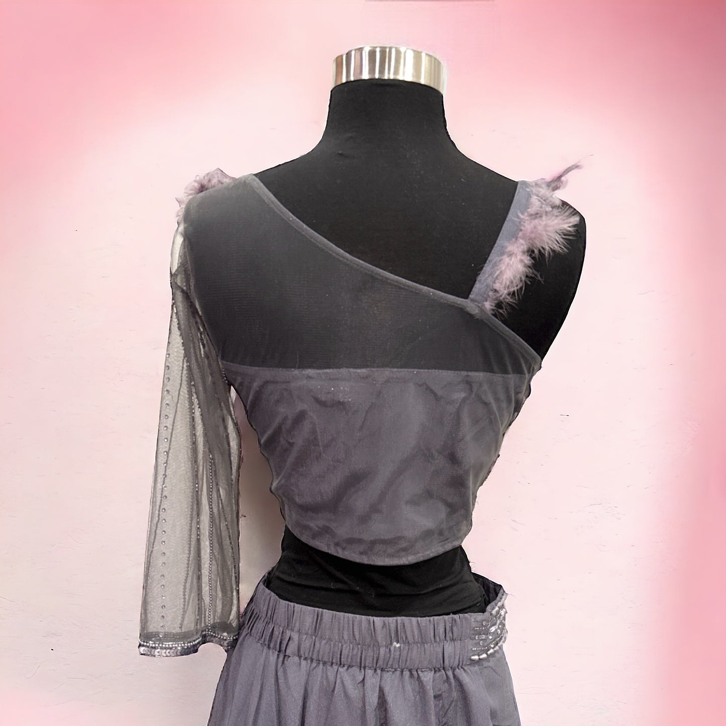 Chic Trendy side shoulder Work Croptop with flair Lehanga size 40