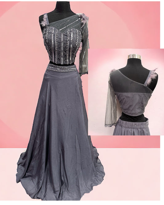 Chic Trendy side shoulder Work Croptop with flair Lehanga size 40