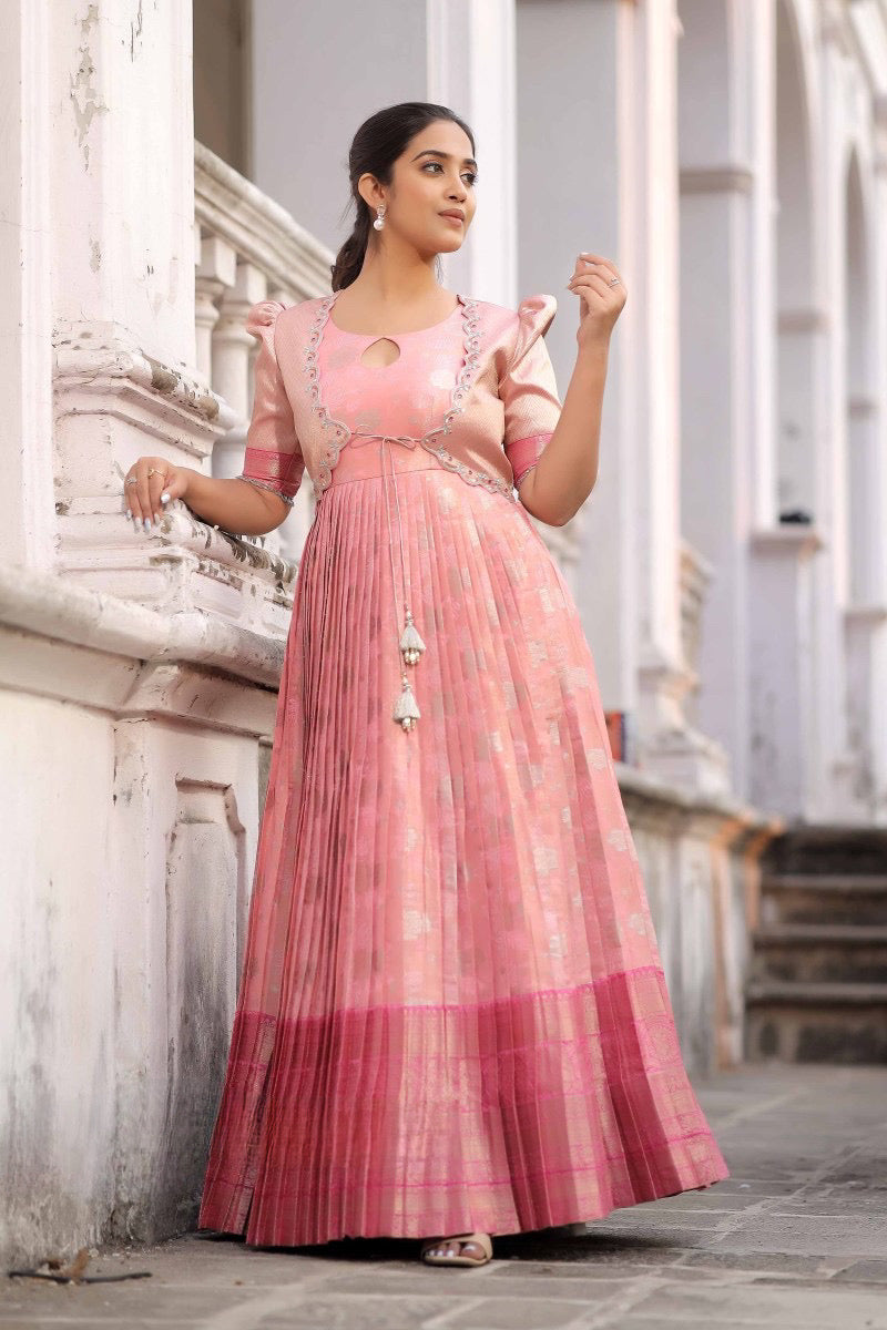 Pink Blooming Jacket silk Long frock, adorned with a Detachable Jacket handcrafted with exquisite embroidery, jardoshi, and mirror work size 36