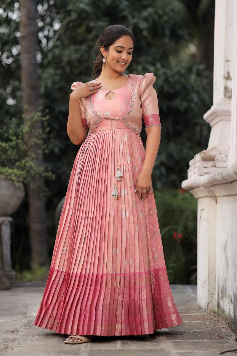 Pink Blooming Jacket silk Long frock, adorned with a Detachable Jacket handcrafted with exquisite embroidery, jardoshi, and mirror work size 36