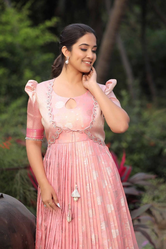 Pink Blooming Jacket silk Long frock, adorned with a Detachable Jacket handcrafted with exquisite embroidery, jardoshi, and mirror work size 36