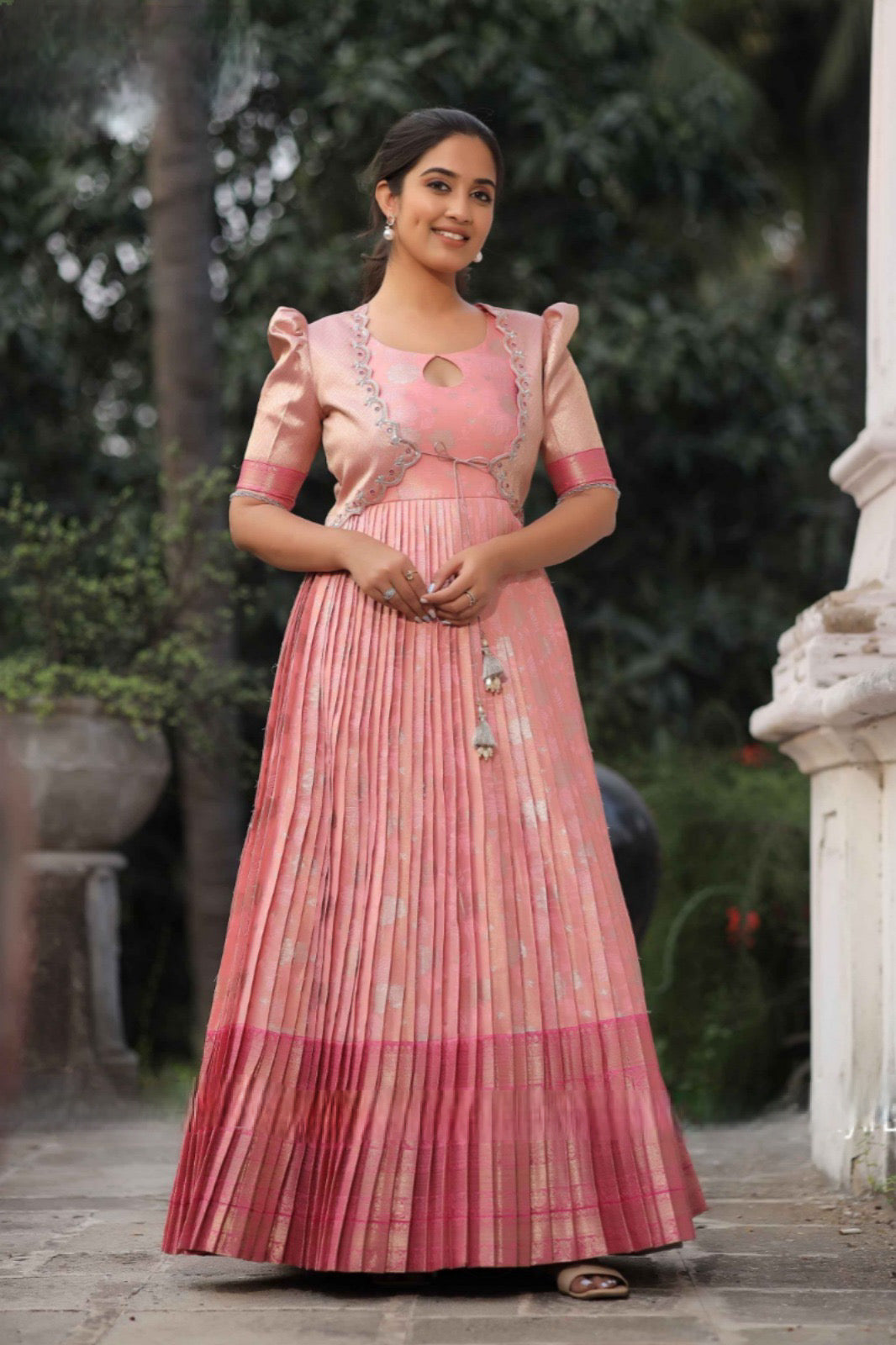 Pink Blooming Jacket silk Long frock, adorned with a Detachable Jacket handcrafted with exquisite embroidery, jardoshi, and mirror work size 36